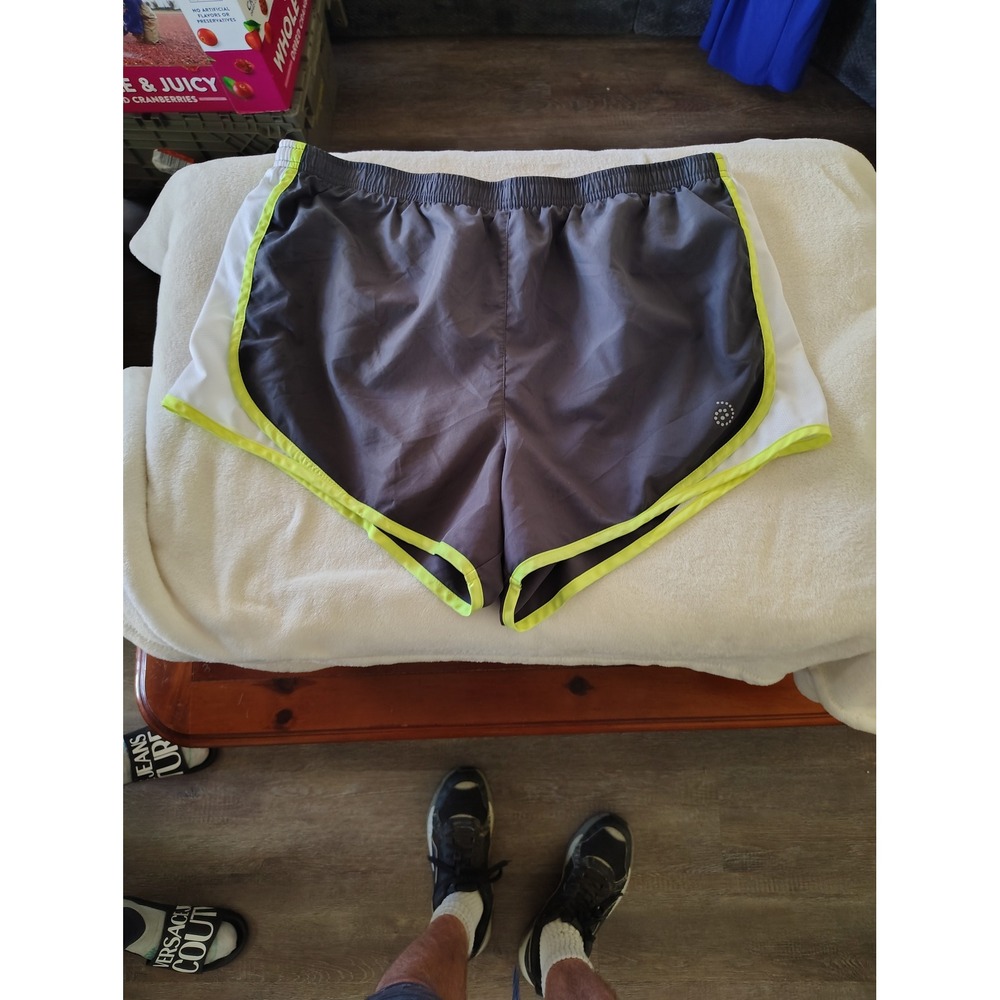 Be Inspired Womens XL Running Shorts Gray White Neon Yellow Athletic Gym Active